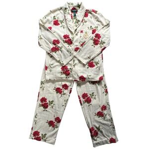 Lauren Ralph Lauren Fleece Pajama Set Womens L Cream Red Floral Soft Two Piece